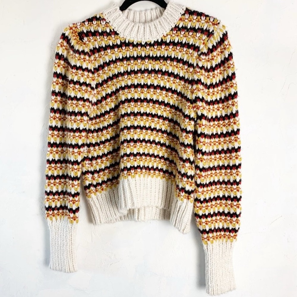 Zara Chunky Knit Sweater Puff Sleeves Orange Red Black Striped Size Small